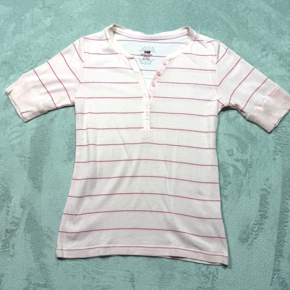 Vintage 90s Pink Striped Cotton Henley Top Short Sleeve‎ Bugle Boy Size XS